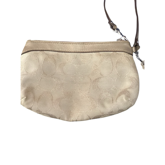 Coach Signature C Gold Brown Canvas Leather Wristlet 4”x6”